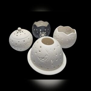 Ceramic Tealight Holder With  Sun,Moon And Star Cut-Out Design Set Of 4